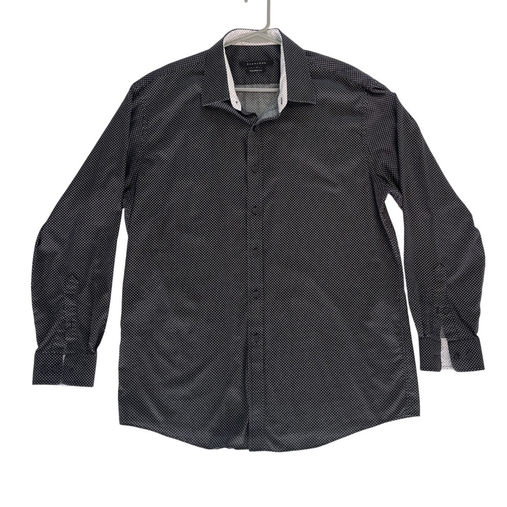 Sean John Mens Tailored Fit Polka Dot Button Down Shirt Black White Long Sleeve